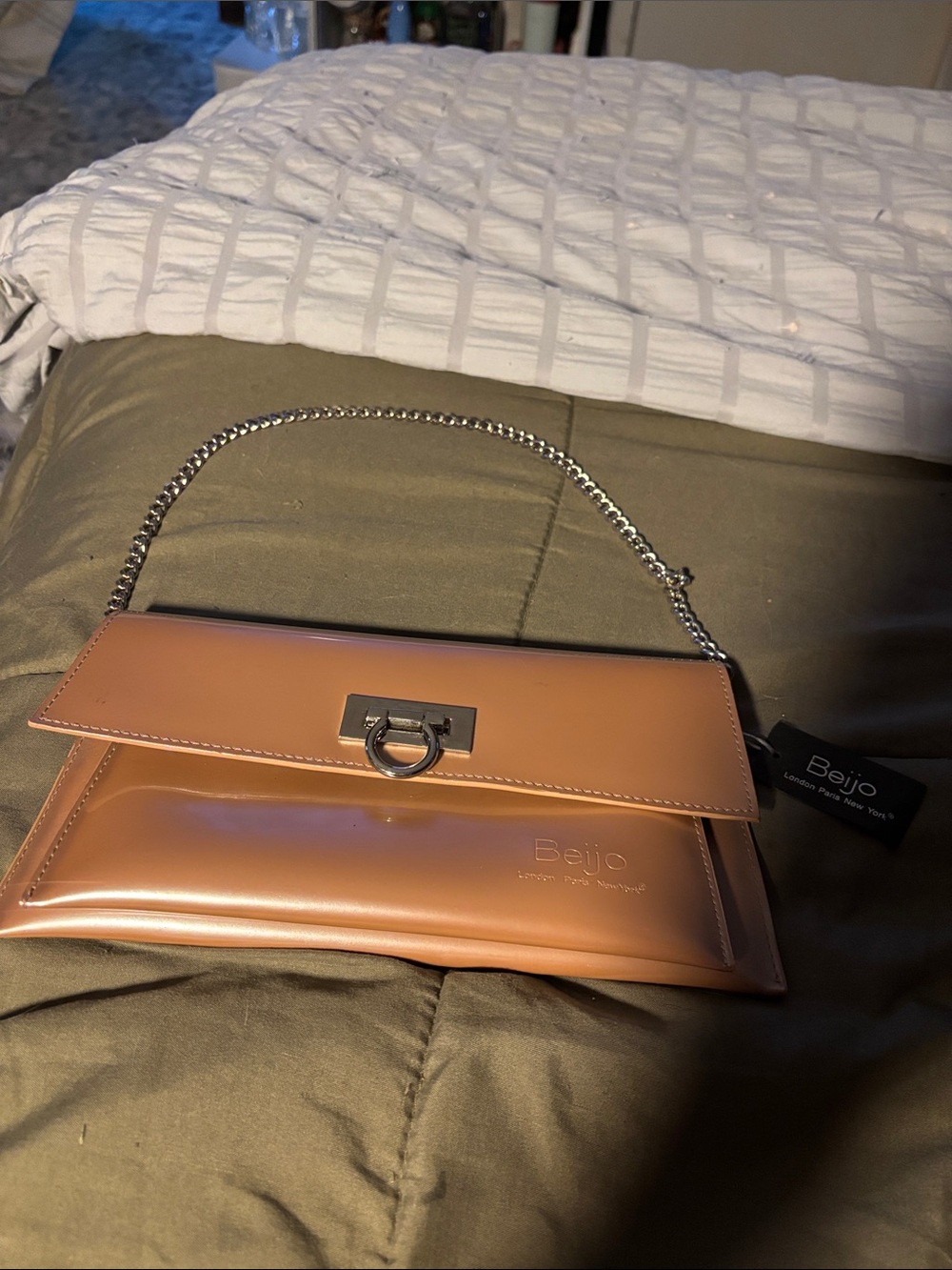 Beijo Caramel Patent Leather Clutch with Silver Chain